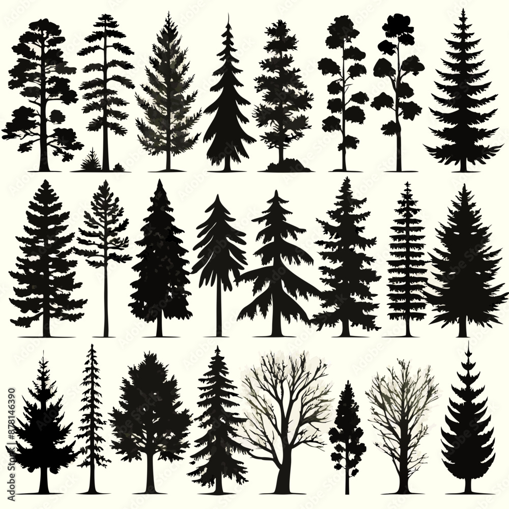 Obraz premium Set of tree silhouettes vector illustration. Black pine, spruce, oak, linden, sedge, chestnut tree