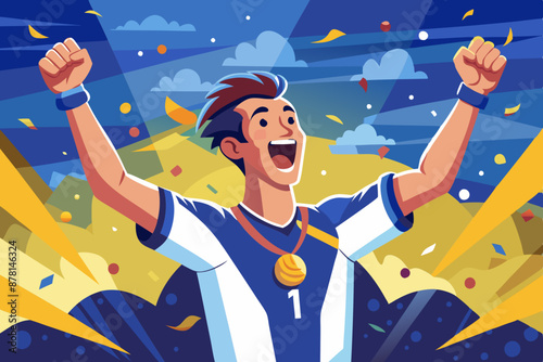 Male athlete in sports uniform rejoices at the victory of his team and raises his hands in the air