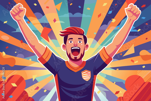 Male athlete in sports uniform rejoices at the victory of his team and raises his hands in the air. Vector illustration