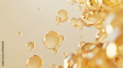Close-up of oily liquid bubbles floating texture background image. Warm golden tones fluid dynamics photo backdrop wallpaper realistic. Composition abstract concept photorealistic