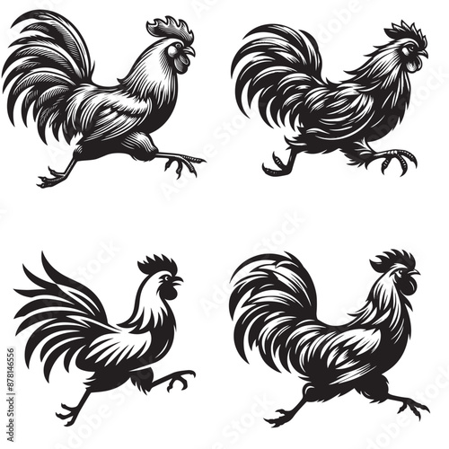 4 sets black of  Chicken Running silhouette isolated on white background png jpeg eps transparents