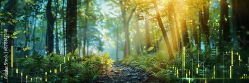 Forest Path With Glowing Lines - A narrow path through a lush green forest bathed in warm sunlight. Glowing lines, resembling data, flow through the scene adding a futuristic element to this natural l © Tida
