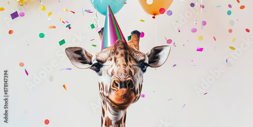 Giraffe Birthday Celebration - white background, hyper-realistic and highly detailed animal wearing a party hat, vibrant party theme, joyful expressions, colorful decorations, confetti and balloons, p photo