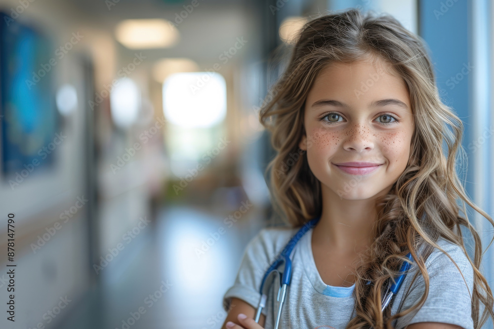 A young girl with long hair and a stethoscope around her neck, smiling confidently while standing in a bright indoor environment, possibly a hospital. A young girl with long hair and a stethoscope around her neck, smiling confidently while standing in a bright indoor environment, possibly a hospital.
