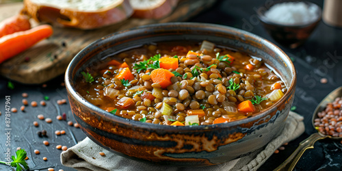 A hearty and comforting bowl of lentil soup made with carrots, celery, onions, and tomatoes, seasoned with herbs and spices photo