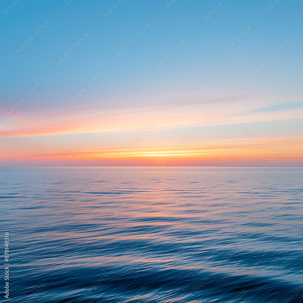 Obraz premium 4️⃣ Photograph of the vast sea under an orange and blue sky at sunset, in a minimalist style, with blur ripples, on a clean background, using long exposure photography techniques, at an ultra high def