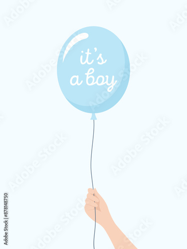 A hand holding a blue balloon with the handwritten text it's a boy, on a pale blue background. Flat vector illustration