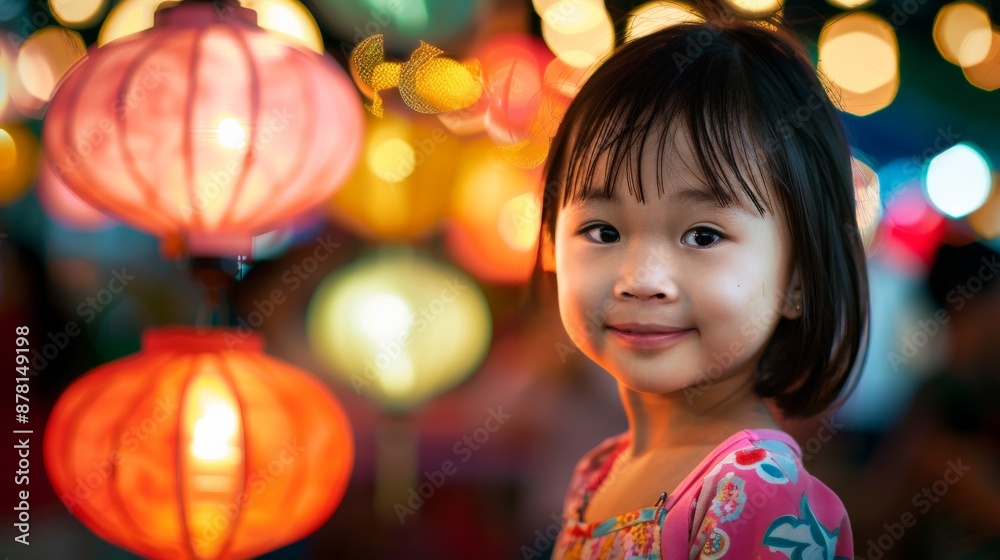 Fototapeta premium A young girl smiles, illuminated by lanterns