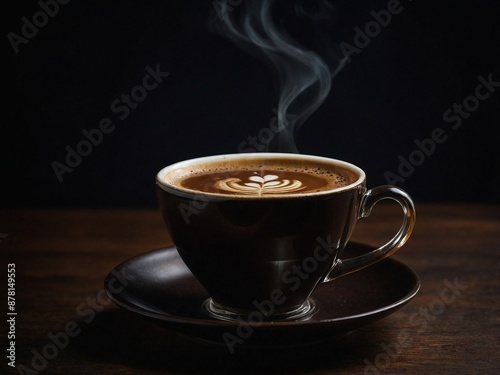 Brown cup of fresh, hot coffee, decorated with coffee beans, dark background and latte art