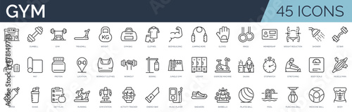 Set of 45 outline icons related to gym. Linear icon collection. Editable stroke. Vector illustration