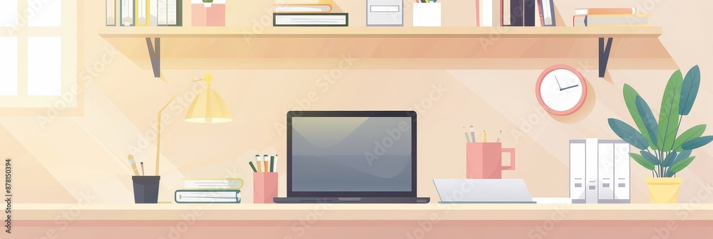 Modern Home Office Desk Workspace - A modern home office workspace with a laptop, desk lamp, notebook, and a potted plant, a cup, a shelf with books and folders, a clock on the wall, all set up on a d Modern Home Office Desk Workspace - A modern home office workspace with a laptop, desk lamp, notebook, and a potted plant, a cup, a shelf with books and folders, a clock on the wall, all set up on a d