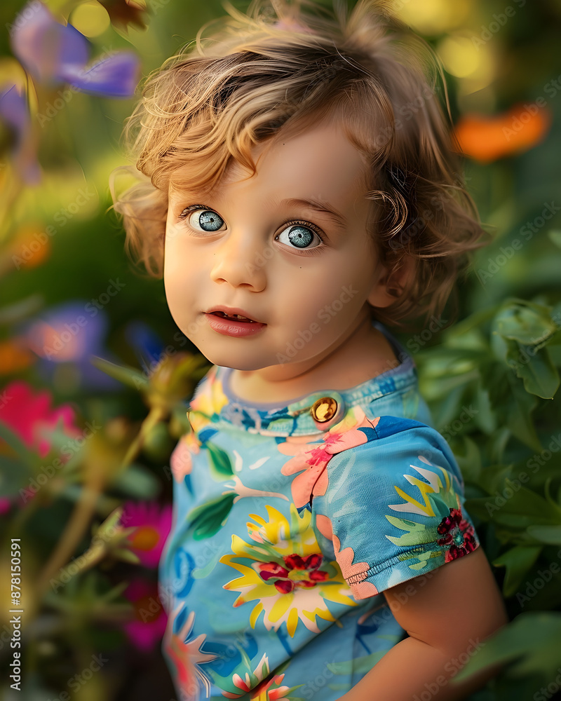 Cheerful Toddler Girl with Curly Blonde Hair Exploring Vibrant Flower Filled Garden Cheerful Toddler Girl with Curly Blonde Hair Exploring Vibrant Flower Filled Garden