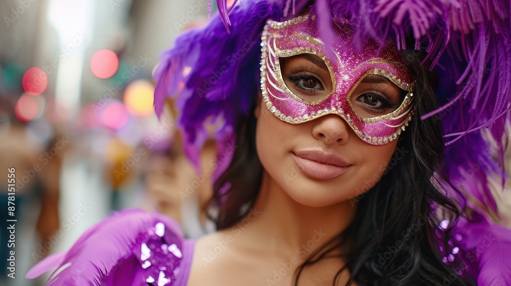 Vivid image of a young woman in a Mardi Gras carnival costume and mask dancing on the city streets. Vivid image of a young woman in a Mardi Gras carnival costume and mask dancing on the city streets.