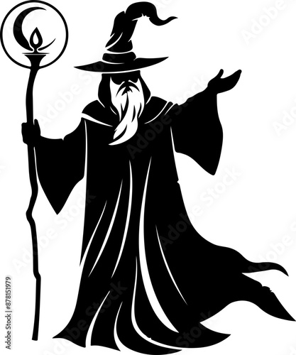 Silhouette of a Wizard with Staff: Magic and Mystery in Black and White