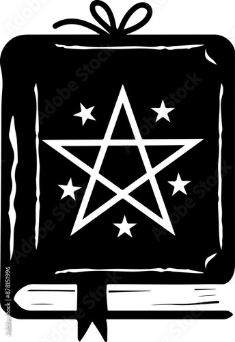 Monochrome Magic Book Drawing with Pentagram Symbol, representing Mysticism