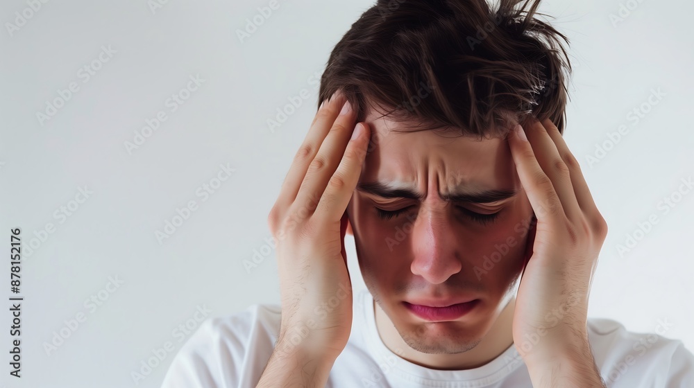 photo of a person with a headache on white background