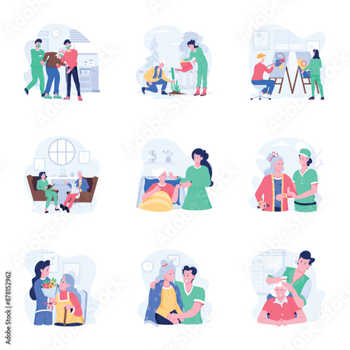 Pack of Elderly Support Flat Illustrations 

