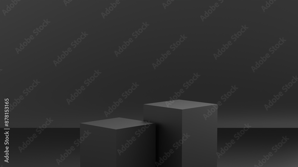Abstract black square pedestal podium. 3D rendered image illustration. Minimal scene background. Can be used for displaying items or products. Abstract black square pedestal podium. 3D rendered image illustration. Minimal scene background. Can be used for displaying items or products.