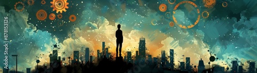 Silhouette of a Man Looking Up at the Night Sky Above the City - A silhouette of a man stands against the backdrop of a city skyline at night. The sky is filled with clouds and stars, and there are va photo