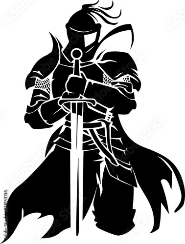 Silhouette Warrior Drawing Holding Sword - Strength and Valor