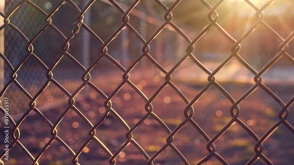 Fototapeta premium Chain link fence and post in focus on a sunny morning