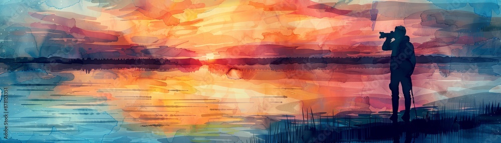 Fototapeta premium Silhouette of a Photographer Capturing the Sunset over a Lake - A silhouette of a photographer capturing a stunning sunset over a serene lake, showcasing the beauty of nature and the art of photograph
