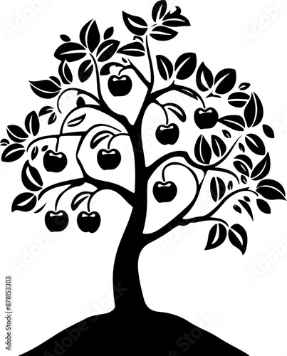 Silhouette of Apple Tree with Fruits Symbolizing Growth and Abundance