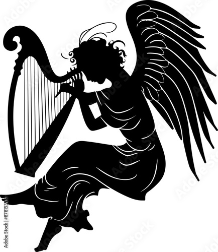 Silhouette of Angel Playing Harp Representing Serenity and Spirituality