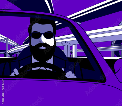 Poster with a young man with a beard and glasses driving a car against the backdrop of a highway overpass. Drawing in the style of minimalism. Modern city life and futuristic vector illustration.