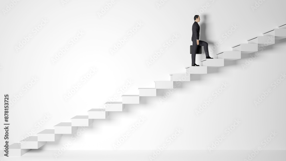 Illustrazione 3D. Uomo e donna d'affari salgono la scala del successo nella finanza e nell'economia. Affari, architettura, persone, futuro. Illustrazione 3D. Uomo e donna d'affari salgono la scala del successo nella finanza e nell'economia. Affari, architettura, persone, futuro.