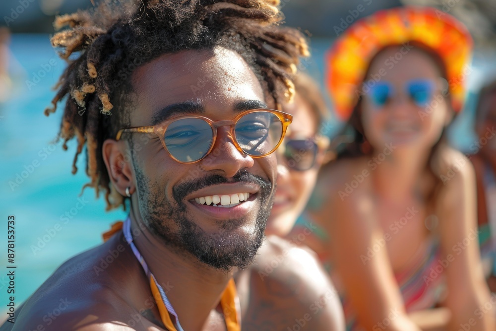 A man with dreadlocks and glasses is happily smiling while enjoying a sunny day in the pool with friends visible in the background, creating a lively atmosphere. A man with dreadlocks and glasses is happily smiling while enjoying a sunny day in the pool with friends visible in the background, creating a lively atmosphere.