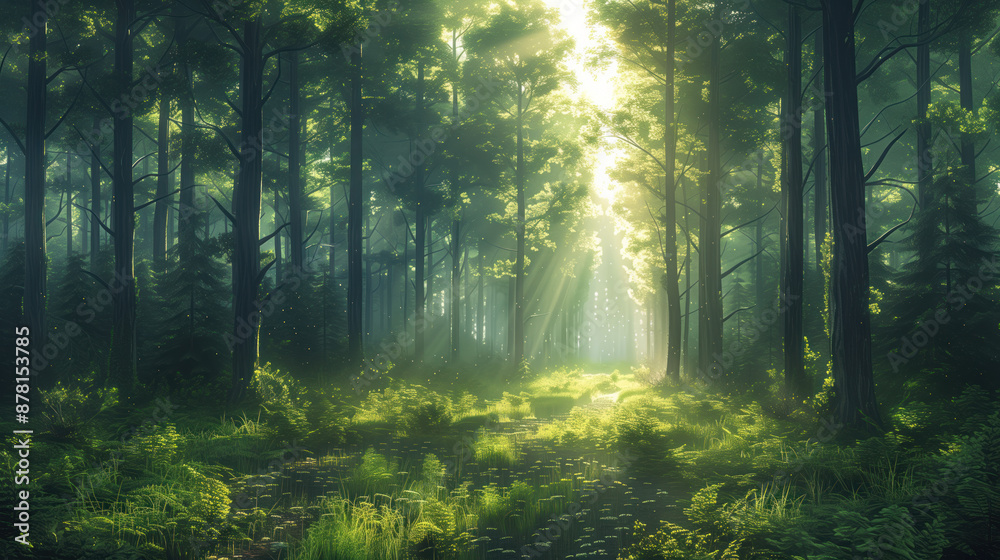 Obraz premium Sunlight filtering through forest trees