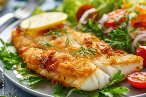 Fried Fish Dinner. Delicious Cod Fillet with Vegetables on a Plate