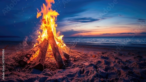 Campfire Flame. Night Flaming Fire Pit with Wooden Sticks in Park Setting