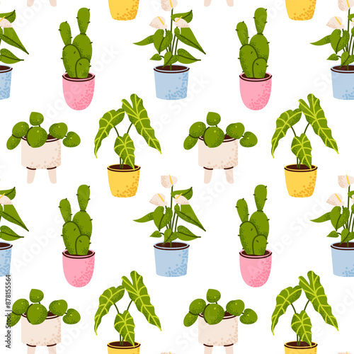 Seamless vector pattern of plants in pots isolated on white background