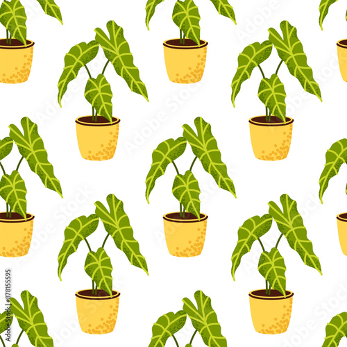 Floral green alocasia seamless vector pattern