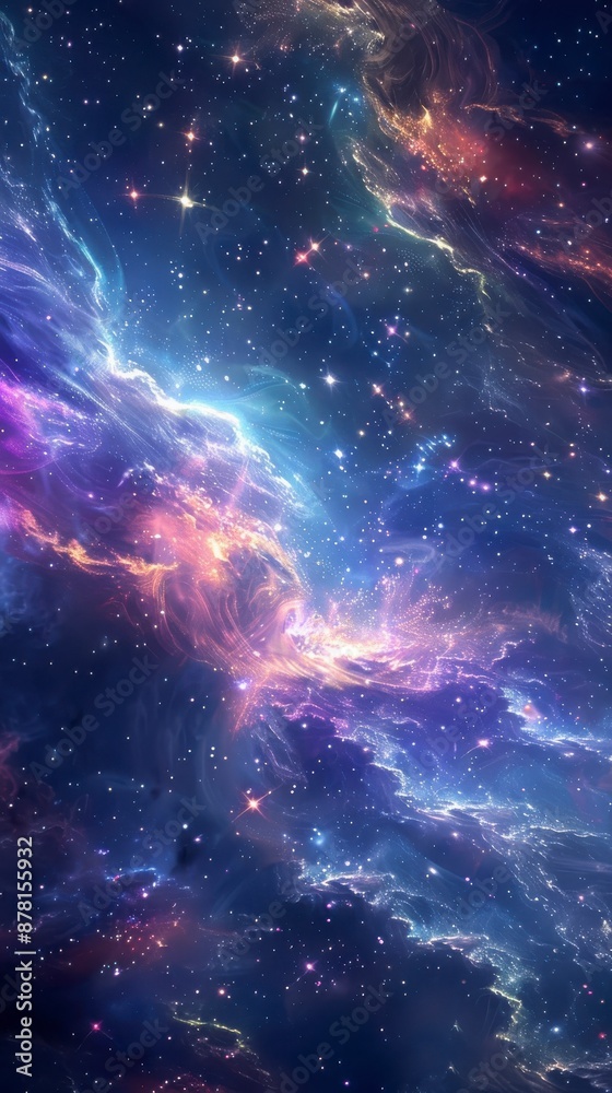 A vibrant nebula with swirling colors and numerous stars scattered across the cosmic background A vibrant nebula with swirling colors and numerous stars scattered across the cosmic background
