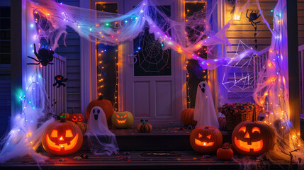 Spooky Halloween porch decorated with ghost figures, jack-o'-lanterns, and spider webs under colorful lights. Halloween decoration ideas, spooky decor inspiration, seasonal festive ideas.