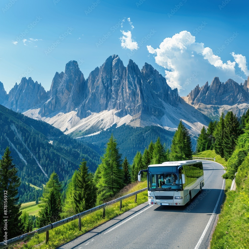 A travel agency bus traveling on a scenic dolomites mountain road with stunning peaks and a bright blue sky. A travel agency bus traveling on a scenic dolomites mountain road with stunning peaks and a bright blue sky.
