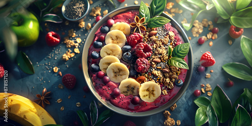 A refreshing smoothie bowl made with blended berries, banana, and spinach, topped with granola, chia seeds, and fresh fruit slices photo