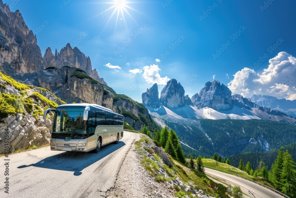 A travel agency bus traveling on a scenic dolomites mountain road with stunning peaks and a bright blue sky. A travel agency bus traveling on a scenic dolomites mountain road with stunning peaks and a bright blue sky.