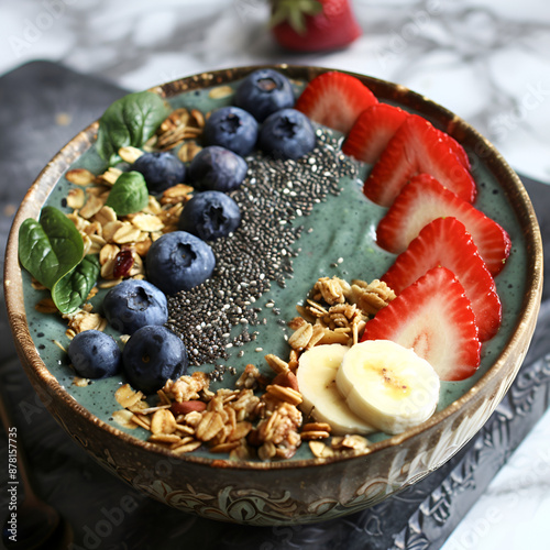 A refreshing smoothie bowl made with blended berries, banana, and spinach, topped with granola, chia seeds, and fresh fruit slices photo