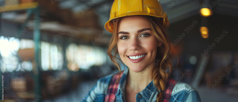 A woman worker in a yellow hard hat and plaid shirt smiles confidently while standing in a construction zone A woman worker in a yellow hard hat and plaid shirt smiles confidently while standing in a construction zone