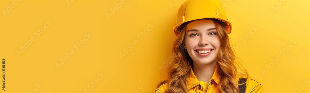 A smiling woman worker in a yellow hardhat against a bright yellow background