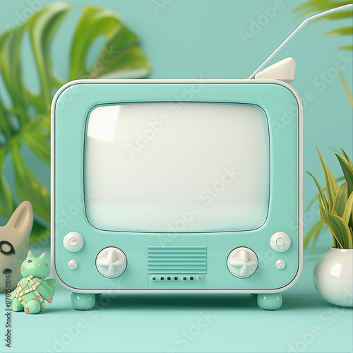 Cute aqua blue cube plastic television kawaii pastel small blank white empty tv set screen template mini playful decor room toy retro vintage adorable whimsical photo