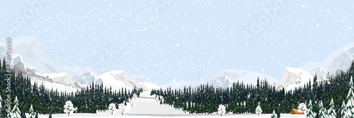 Christmas Background,Seamless Pattern panoramic Winter Village Landscape blue sky with snow on forest pine tree on moutains,Vector Xmas horizon banner Winter wonderland forest,New Year 2025