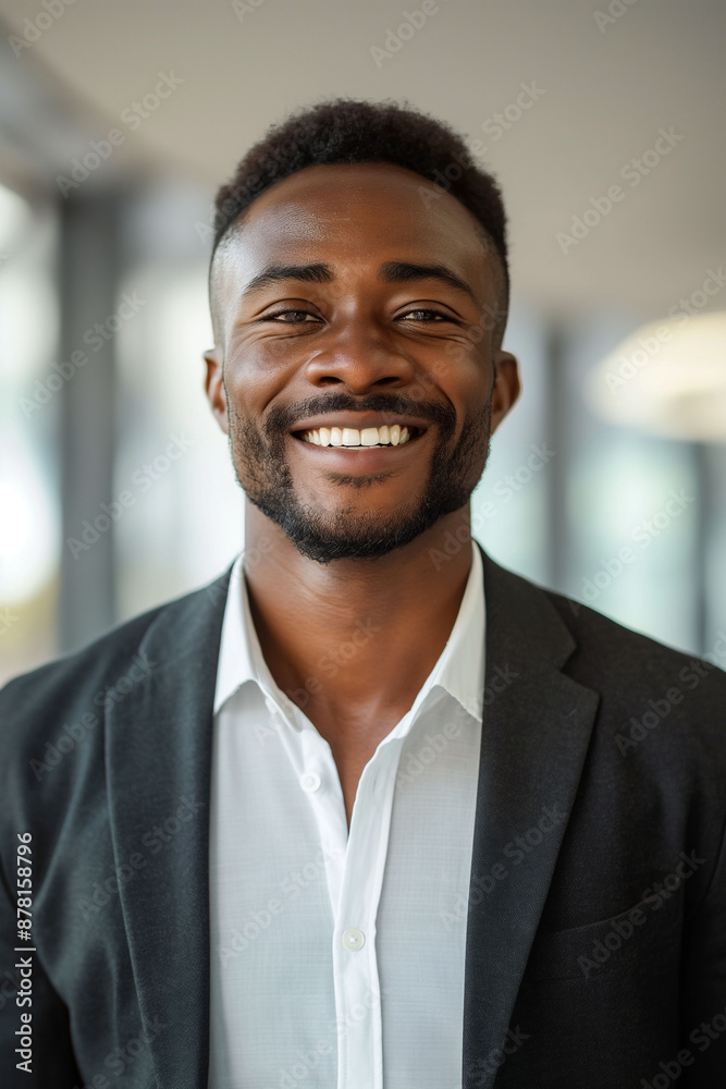 Fototapeta premium Smiling man in business attire posing in an office environment representing confidence and professionalism concept