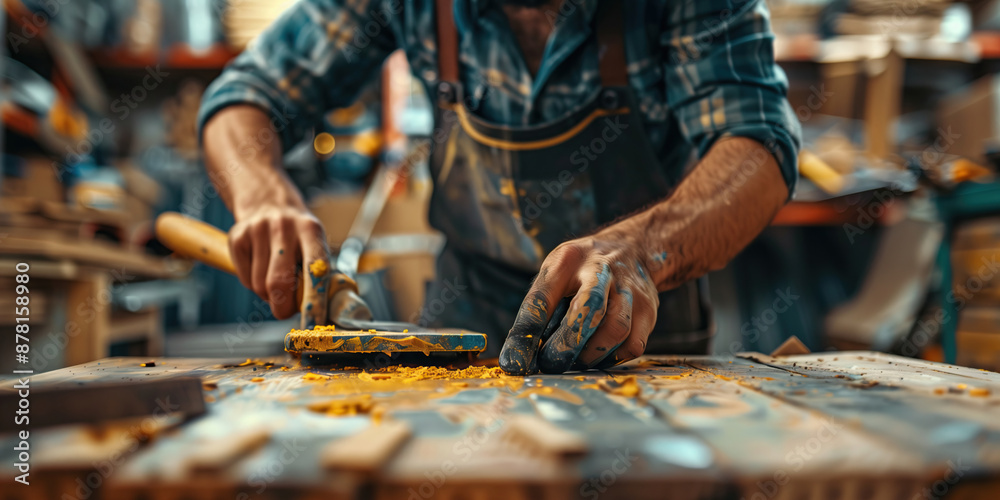 A craftsman's hand carefully applies a golden pigment to a piece of wood with a brush, his other hand covered in colorful paint A craftsman's hand carefully applies a golden pigment to a piece of wood with a brush, his other hand covered in colorful paint
