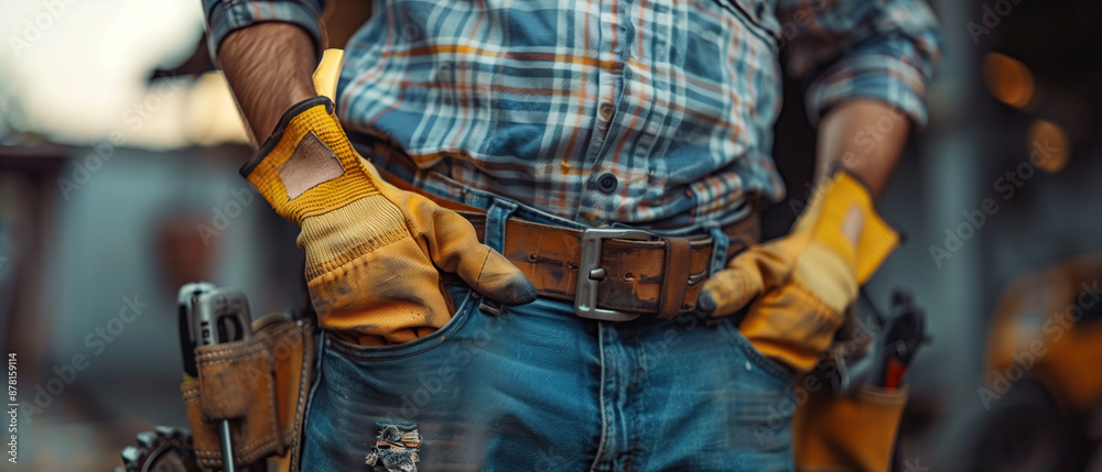 A construction worker stands with his hands in his pockets, wearing work gloves and a tool belt A construction worker stands with his hands in his pockets, wearing work gloves and a tool belt