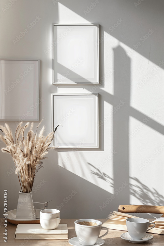 A minimalist workspace bathed in natural light, showcasing dried pampas grass in a vase, two framed pictures on the wall, and two cups of coffee placed on the table. A minimalist workspace bathed in natural light, showcasing dried pampas grass in a vase, two framed pictures on the wall, and two cups of coffee placed on the table.